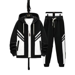Men Two Tone Drawstring Hoodie & Sweatpants Wout Tee-BLK-L